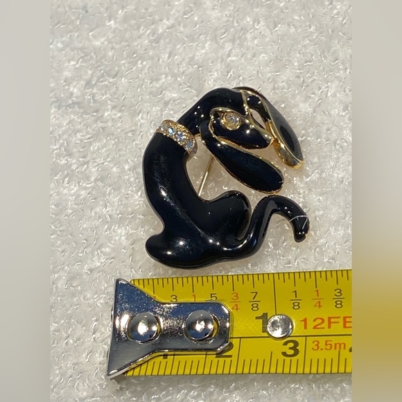 Dachshund Brooch Pin Black Enamel Clear Rhinestones Unisex - Picture 7 of 9